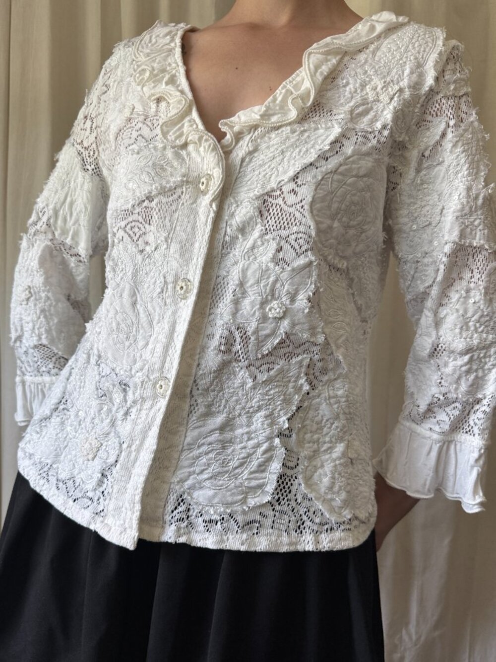 Vintage Yak Magik White Lace Appliqué Button Down Top Women's Size Medium